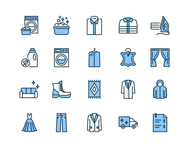 ilustrações de stock, clip art, desenhos animados e ícones de dry cleaning flat line icon set blue color. laundry service symbol. editable strokes - self lov