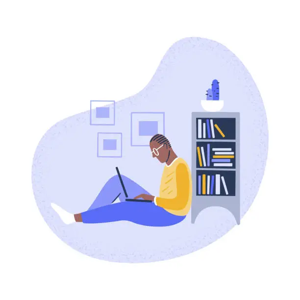 Vector illustration of Illustration of young man using laptop at home