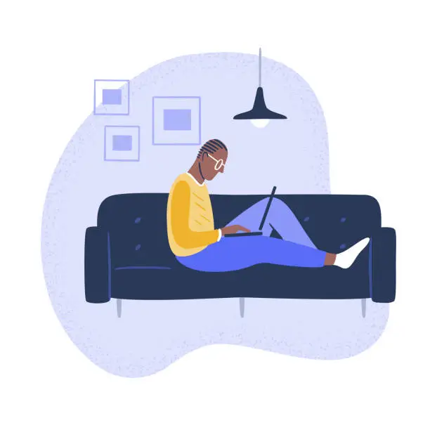 Vector illustration of Illustration of young man using laptop at home