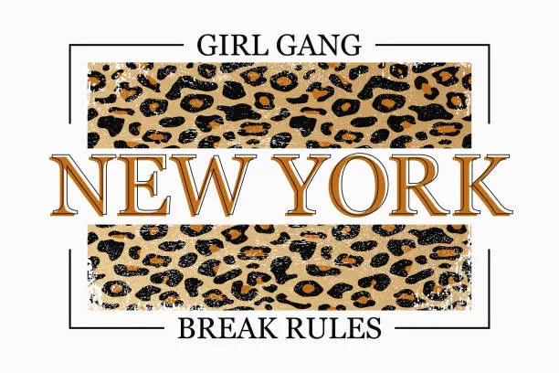 Vector illustration of New York slogan typography on leopard texture.