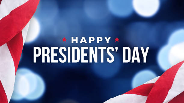 ilustraciones, imágenes clip art, dibujos animados e iconos de stock de texto del día de los presidentes felices sobre el fondo de luces azules y banderas americanas - presidents day