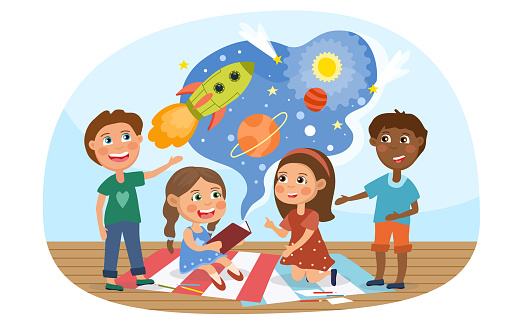 Children exploring outer space imagining the spaceships and planets while sitting reading a book, colored cartoon vector illustration