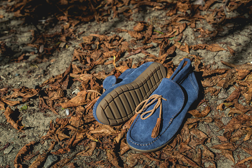 men's shoes moccasins blue color on a orange autumn fallen leaves.