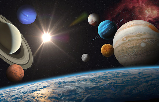 Earth and solar system planets, sun and star. Sun, Mercury, Venus, Earth, Mars, Jupiter, Saturn, Uranus, Neptune, Pluto. Sci-fi background. Elements of this image furnished by NASA.  ______ Url(s): \nhttps://photojournal.jpl.nasa.gov/catalog/PIA00271\nhttps://photojournal.jpl.nasa.gov/jpeg/PIA15160.jpg\nhttps://images.nasa.gov/details-PIA01492\nhttps://solarsystem.nasa.gov/resources/17549/saturn-mosaic-ian-regan\nhttps://images.nasa.gov/details-PIA21061\nhttps://mars.nasa.gov/resources/6453/valles-marineris-hemisphere-enhanced/\nhttps://images.nasa.gov/details-PIA23121\nhttps://images.nasa.gov/details-PIA22946\nhttps://www.nasa.gov/image-feature/good-morning-from-the-international-space-station-1\nSoftware: Adobe Photoshop CC 2015. Knoll light factory. Adobe After Effects CC 2017.