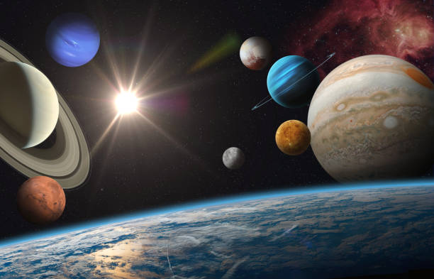 Earth and Solar system planets. Earth and solar system planets, sun and star. Sun, Mercury, Venus, Earth, Mars, Jupiter, Saturn, Uranus, Neptune, Pluto. Sci-fi background. Elements of this image furnished by NASA.  ______ Url(s): 
https://photojournal.jpl.nasa.gov/catalog/PIA00271
https://photojournal.jpl.nasa.gov/jpeg/PIA15160.jpg
https://images.nasa.gov/details-PIA01492
https://solarsystem.nasa.gov/resources/17549/saturn-mosaic-ian-regan
https://images.nasa.gov/details-PIA21061
https://mars.nasa.gov/resources/6453/valles-marineris-hemisphere-enhanced/
https://images.nasa.gov/details-PIA23121
https://images.nasa.gov/details-PIA22946
https://www.nasa.gov/image-feature/good-morning-from-the-international-space-station-1
Software: Adobe Photoshop CC 2015. Knoll light factory. Adobe After Effects CC 2017. planetary moon photos stock pictures, royalty-free photos & images