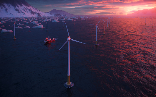 3D rendering of offshore wind turbines plant at sunset. Renewable energy plant in the sea.