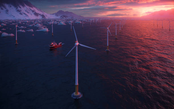 3D rendering of offshore wind turbines plant 3D rendering of offshore wind turbines plant at sunset. Renewable energy plant in the sea. snow sunset winter mountain stock pictures, royalty-free photos & images