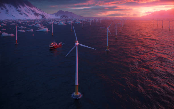 3d rendering of offshore wind turbines plant - sea wind turbine turbine wind imagens e fotografias de stock