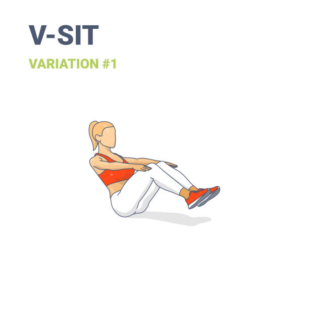 illustrations, cliparts, dessins animés et icônes de v-sit female home workout exercise guide illustration colorful concept ou boat yoga pose - core strength