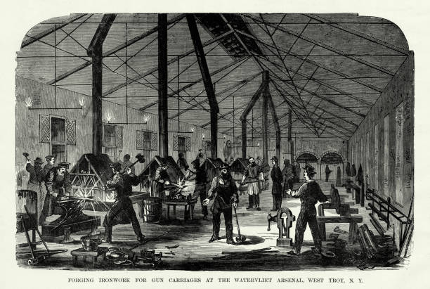 골동품: 워터블리엣 아스날, 웨스트 트로이, 뉴욕, 1861 년 남북 전쟁 조각에서 총 마차를위한 철공 - arsenal stock illustrations