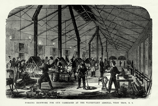 Engraving of Forging Ironwork for Gun Carriages at the Watervliet Arsenal, West Troy, New York, 1861 Civil War Engraving from 