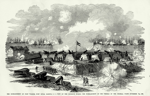 Engraving of Bombardment of Fort Walker, Port Royal Harbor, by the Vessels of the Federal Fleet, November 7, 1861 Civil War Engraving from 