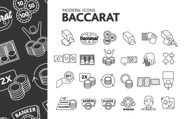 Vector illustration of Baccarat casino table game gambling thin line style icon set. Simple icons. Black and white card game.