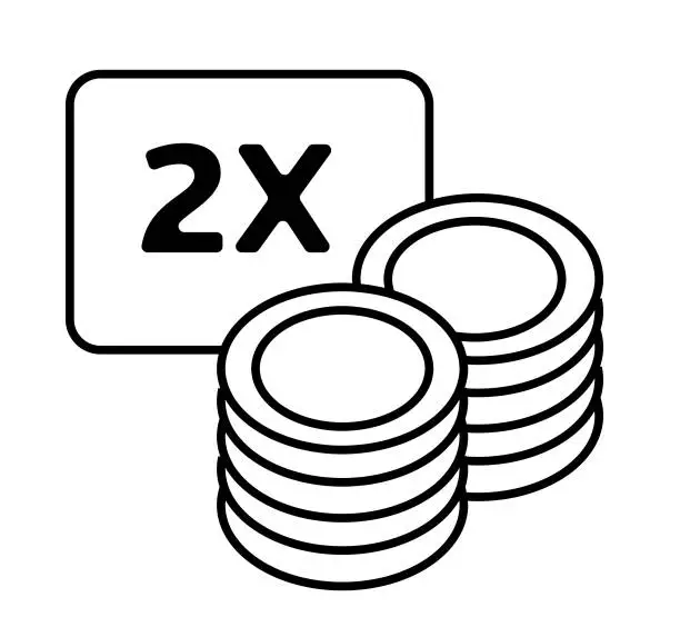 Vector illustration of Baccarat casino table game gambling thin line style icon. Double bet with stack of gambling chips. Simple icons. Black and white card game.