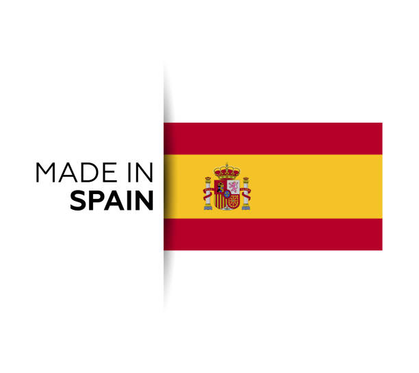 ilustraciones, imágenes clip art, dibujos animados e iconos de stock de hecho en la etiqueta de españa, emblema del producto. fondo blanco aislado - spain flag spanish flag national flag