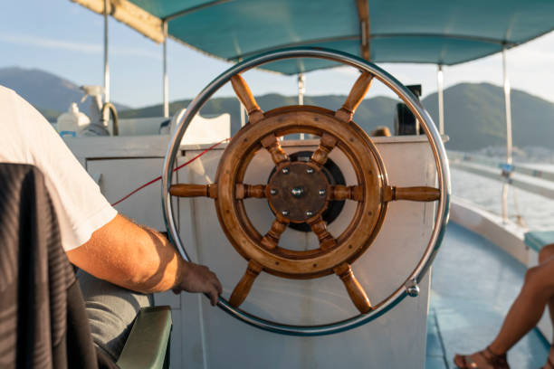 istock Hands hold steering wheel the boat 1295861799