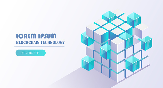 Blockchain technology vector illustration with cube block link to chain background, financial technology, cloud computing, distribution, mining pool concept.