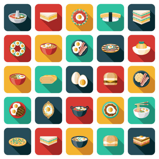 Egg Dishes Icon Set A set of egg dishes icons. File is built in the CMYK color space for optimal printing. Color swatches are global so it’s easy to edit and change the colors. steak and eggs breakfast stock illustrations