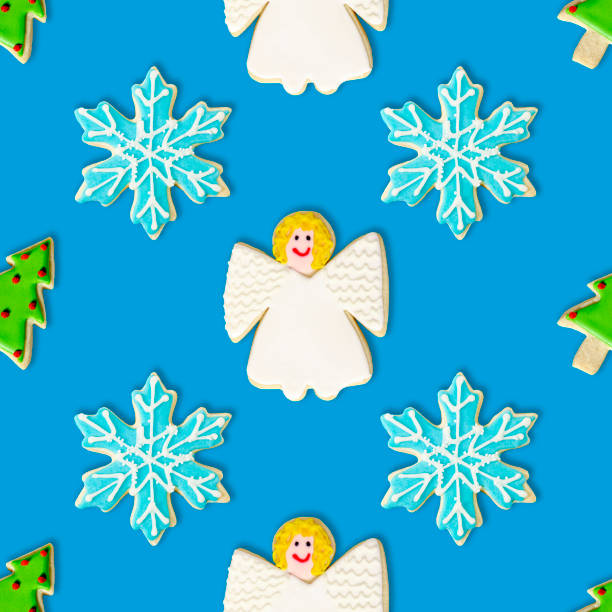 istock Holiday, Christmas Tree, Blue Snowflake and Angel: Christmas Cookie Repeating Pattern Background Wallpaper 1295864106