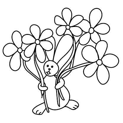 Rabbit with a bouquet, coloring page for classes or Easter cards vector illustration