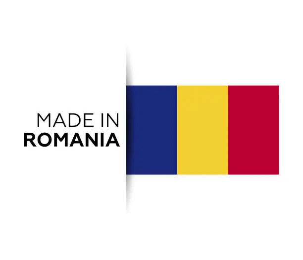 Vector illustration of Made in the Romania label, product emblem. White isolated background