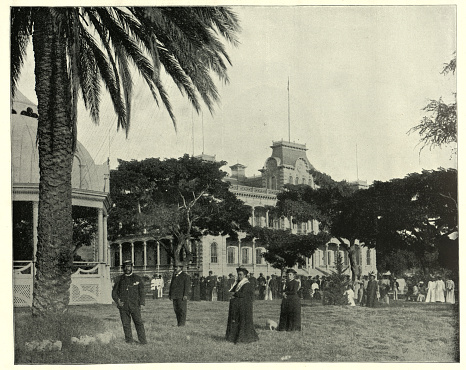 Antique photograph of Royal Palace, Honolulo, Sandwich Islands, 19th Century. Iolani Palace