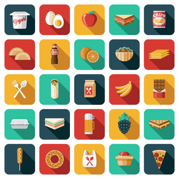 ilustraciones, imágenes clip art, dibujos animados e iconos de stock de conjunto de iconos para el almuerzo escolar - packed lunch paper bag apple lunch