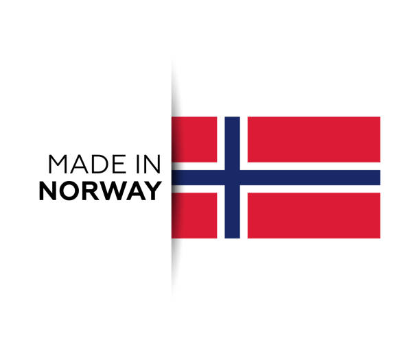 illustrazioni stock, clip art, cartoni animati e icone di tendenza di realizzato in etichetta norvegia, emblema del prodotto. sfondo bianco isolato - norwegian flag norway flag freedom