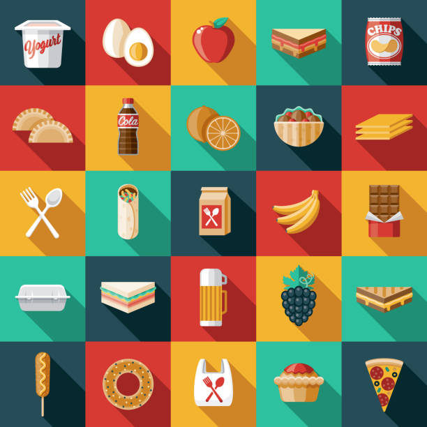 ilustraciones, imágenes clip art, dibujos animados e iconos de stock de conjunto de iconos para el almuerzo escolar - packed lunch paper bag apple lunch