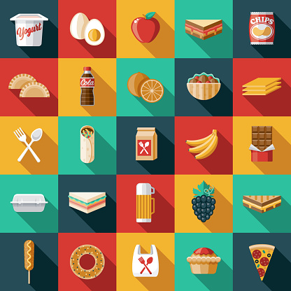 A set of school lunch icons. File is built in the CMYK color space for optimal printing. Color swatches are global so it’s easy to edit and change the colors.