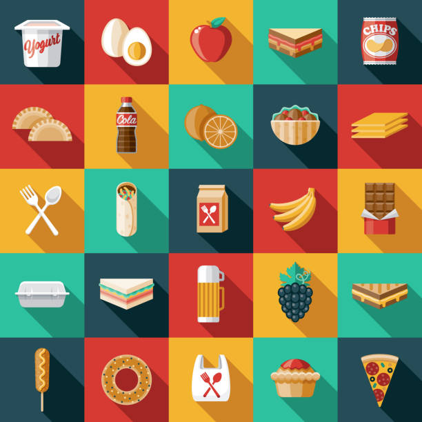 School Lunch Icon Set A set of school lunch icons. File is built in the CMYK color space for optimal printing. Color swatches are global so it’s easy to edit and change the colors. soda bottle stock illustrations