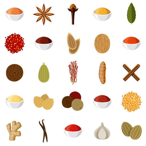 Spices Icon Set A set of icons. File is built in the CMYK color space for optimal printing. Color swatches are global so it’s easy to edit and change the colors. ginger ground spice root stock illustrations