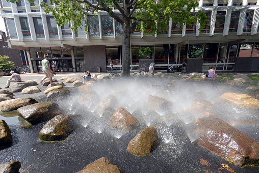 Boston, Massachusetts, USA - July 7, 2008:  Harvard University, natural fountain with rocks, outside science building