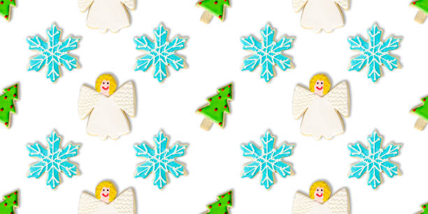 istock Holiday, Christmas Tree, Blue Snowflake and Angel: Christmas Cookie Repeating Pattern Background Wallpaper 1295867442