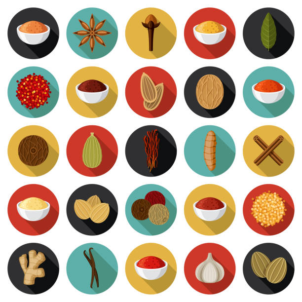 Spices Icon Set A set of icons. File is built in the CMYK color space for optimal printing. Color swatches are global so it’s easy to edit and change the colors. ginger ground spice root stock illustrations