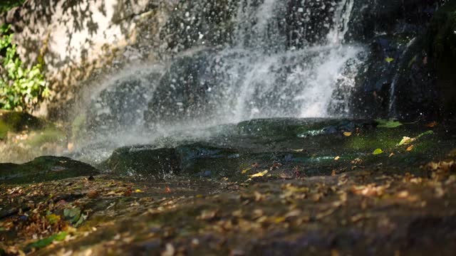 Drops splashing on the ground,beautiful drops falling into a puddle,yellow leaves in water,splashes of a mountain waterfall, fountain,video wallpaper.