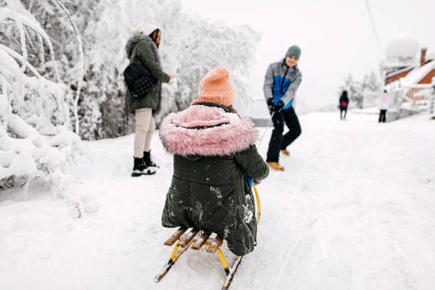 istock Group of friends enjoying pulling a sled in the snow 1295870159