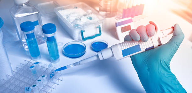 istock Hand in glove with automatic pipette and samples, panoramic image. Polymerase Chain Reaction PCR used in medical testing, biochemistry, molecular biology, genetics, clinical research in laboratory 1295871143