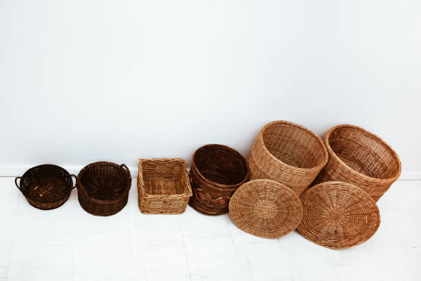 istock Top view of many empty natural handmade wicker straw baskets 1295872274