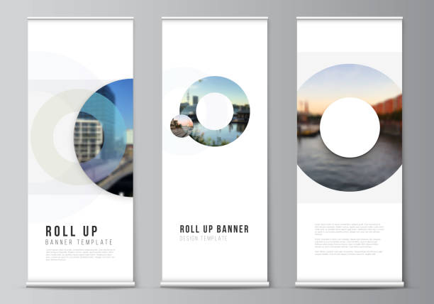 illustrazioni stock, clip art, cartoni animati e icone di tendenza di layout vettoriale dei modelli di mockup rollup per volantini verticali, modelli di design di bandiere, banner stand, mockup di design pubblicitario. modello di sfondo con arrotondamenti, cerchi per l'it, tecnologia. - banner roll up