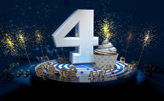 Cupcake with sparkling candle for 4th birthday or anniversary with big number in white with yellow streamers on blue table with dark background full of sparks. 3d illustration
