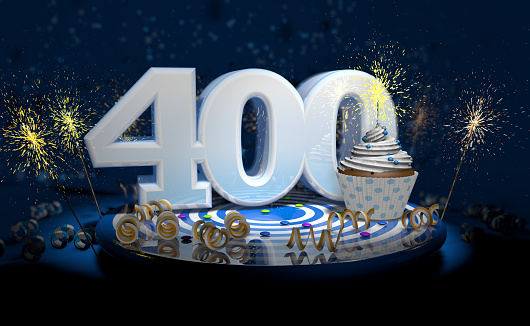 Cupcake with sparkling candle for 400th birthday or anniversary with big number in white with yellow streamers on blue table with dark background full of sparks. 3d illustration