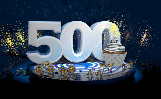 Cupcake with sparkling candle for 500th birthday or anniversary with big number in white with yellow streamers on blue table with dark background full of sparks. 3d illustration