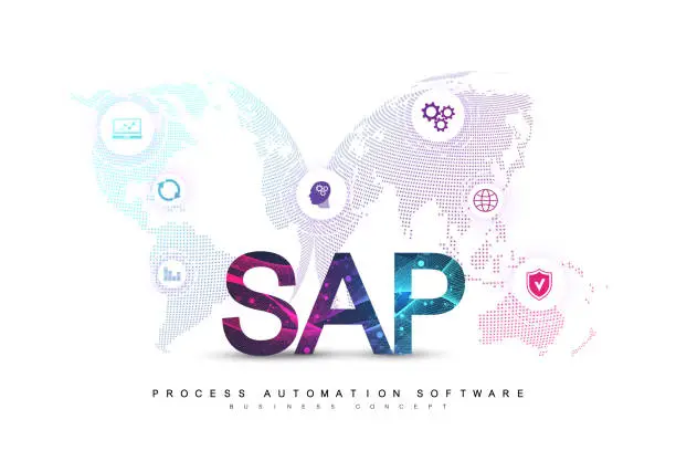 Vector illustration of SAP Business process automation software. ERP enterprise resources planning system concept banner template. Technology future sci-fi concept SAP. Artificial intelligence. Vector illustration