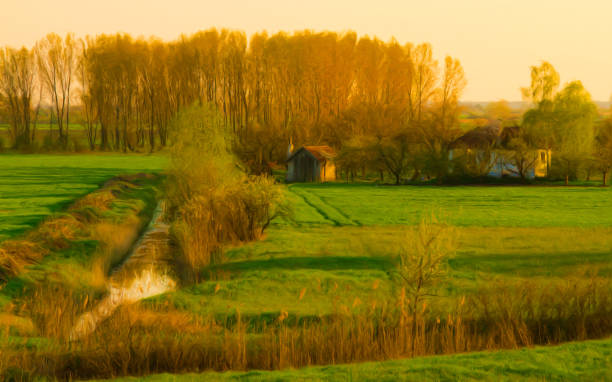Oil landscape painting showing farm in summer.