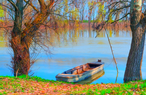A fishing boat on the Jordan River. Blur and copy space for advertisement. With place for text or image, promotional content.
