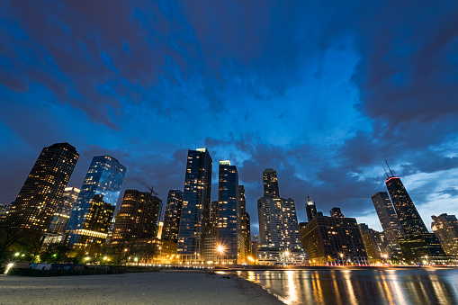 Chicago skyline seen from North Avenue beach at dusk