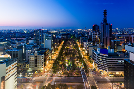 el horizonte de Nagoya y las luces de la ciudad vistas desde la torre de televisión de Nagoya, al atardecer photo
