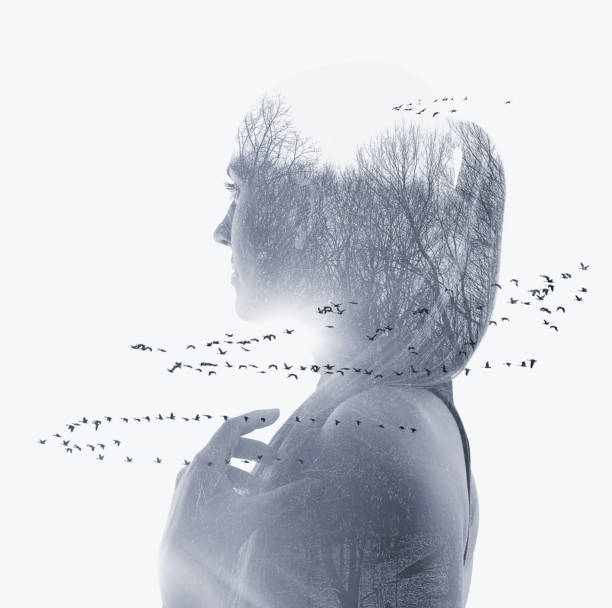 istock Multiple exposure of woman, nature and migrating geese 1295880780