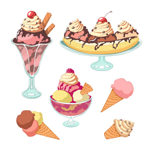 illustrations, cliparts, dessins animés et icônes de ensemble de crème glacée. - ice cream sundae ice cream chocolate